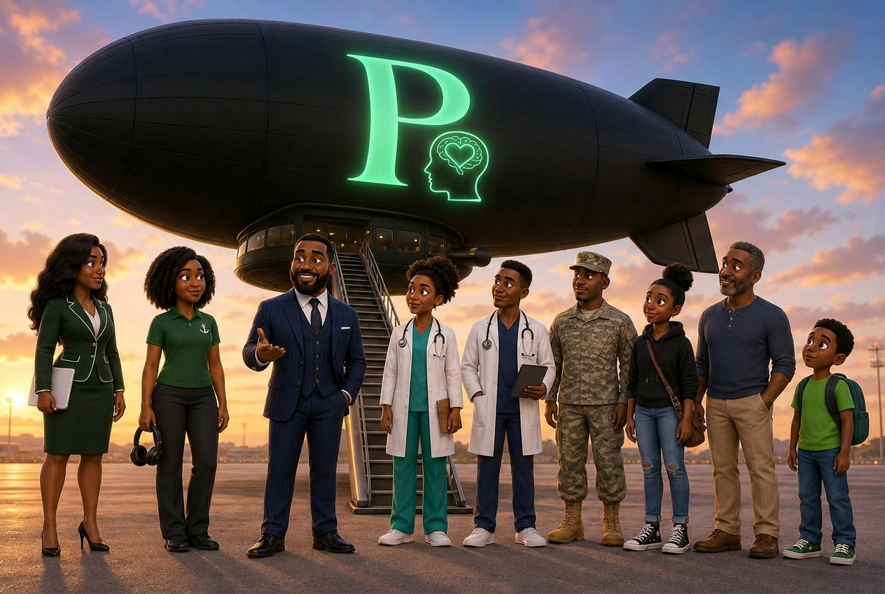 Travellers boarding the Polemarch blimp at dawn